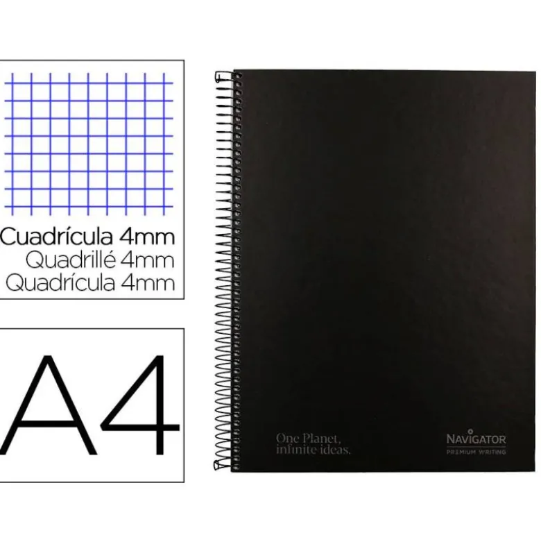 CUADERNO ESPIRAL NAVIGATOR A4 TAPA DURA 80H 80GR CUADRO 4MM CON MARGEN NEGRO