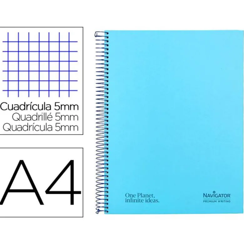 CUADERNO ESPIRAL NAVIGATOR A4 MICRO TAPA FORRADA 80H 80GR CUADRO 5 MM 1 BANDA COLOR CELESTE
