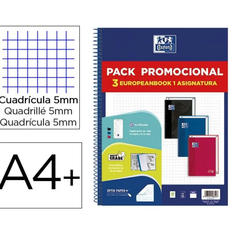 CUADERNO ESPIRAL OXFORD EBOOK 1 SCHOOL TAPA EXTRADURA DIN A4+ 80H CUADRO 5 MM PACK DE 3 UNIDADES COLORES SURTIDOS