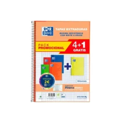 CUADERNO ESPIRAL OXFORD TAPA EXTRADURA FOLIO 80 HOJAS 90 GR CUADRO 4 MM COLORES VIVOS PACK DE 4+1 UNIDADES
