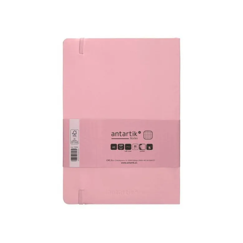CUADERNO CON GOMILLA ANTARTIK NOTES TAPA BLANDA A5 HOJAS CUADRICULA ROSA PASTEL 80 HOJAS 80 GR FSC