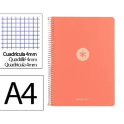 CUADERNO ESPIRAL ANTARTIK A4 TAPA FOAM 80H 90GR CUADRO 4MM CON MARGEN COLOR CORAL