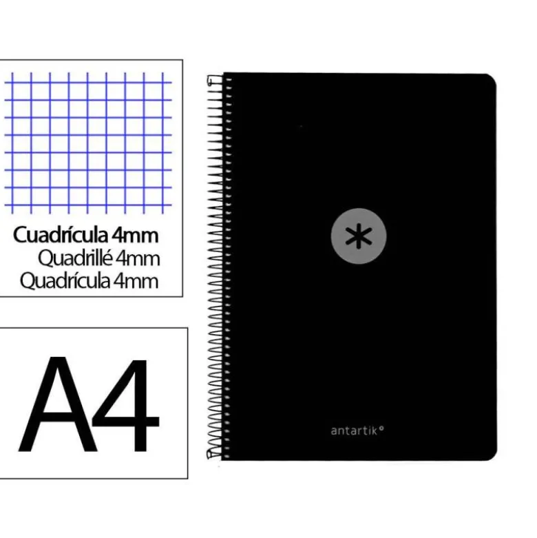 CUADERNO ESPIRAL ANTARTIK A4 TAPA FOAM 80H 90GR CUADRO 4MM CON MARGEN COLOR NEGRO