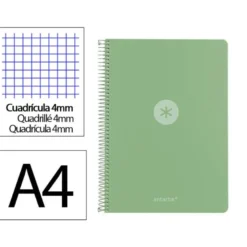 CUADERNO ESPIRAL ANTARTIK A4 TAPA FOAM 80H 90GR CUADRO 4MM CON MARGEN COLOR VERDE MATCHA