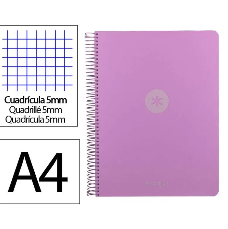 CUADERNO ESPIRAL ANTARTIK MICRO A4 TAPA FOAM 120H 90GR CUADRO 5MM 5 BANDAS 4 TALADROS COLOR LAVANDA