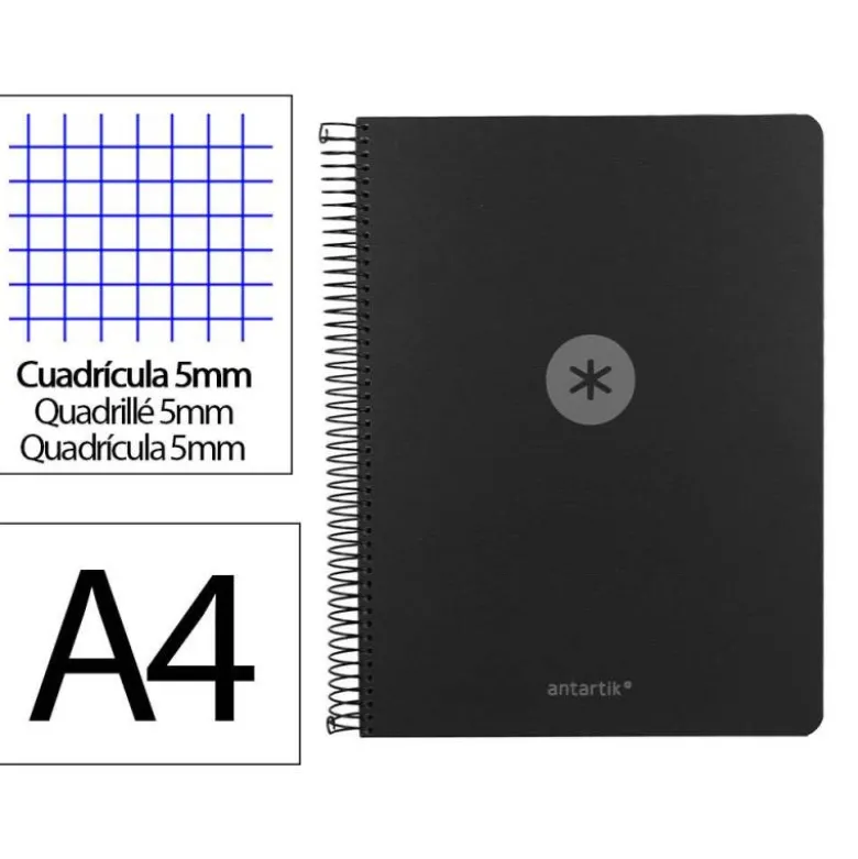 CUADERNO ESPIRAL ANTARTIK MICRO A4 TAPA FOAM 120H 90GR CUADRO 5MM 5 BANDAS 4 TALADROS COLOR NEGRO