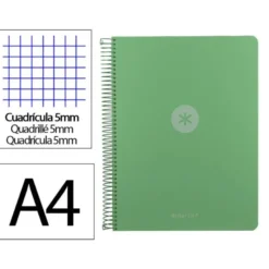 CUADERNO ESPIRAL ANTARTIK MICRO A4 TAPA FOAM 120H 90GR CUADRO 5MM 5 BANDAS 4 TALADROS COLOR VERDE MATCHA
