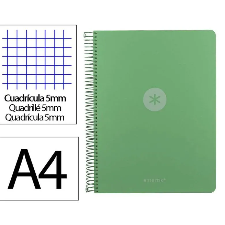 CUADERNO ESPIRAL ANTARTIK MICRO A4 TAPA FOAM 120H 90GR CUADRO 5MM 5 BANDAS 4 TALADROS COLOR VERDE MATCHA