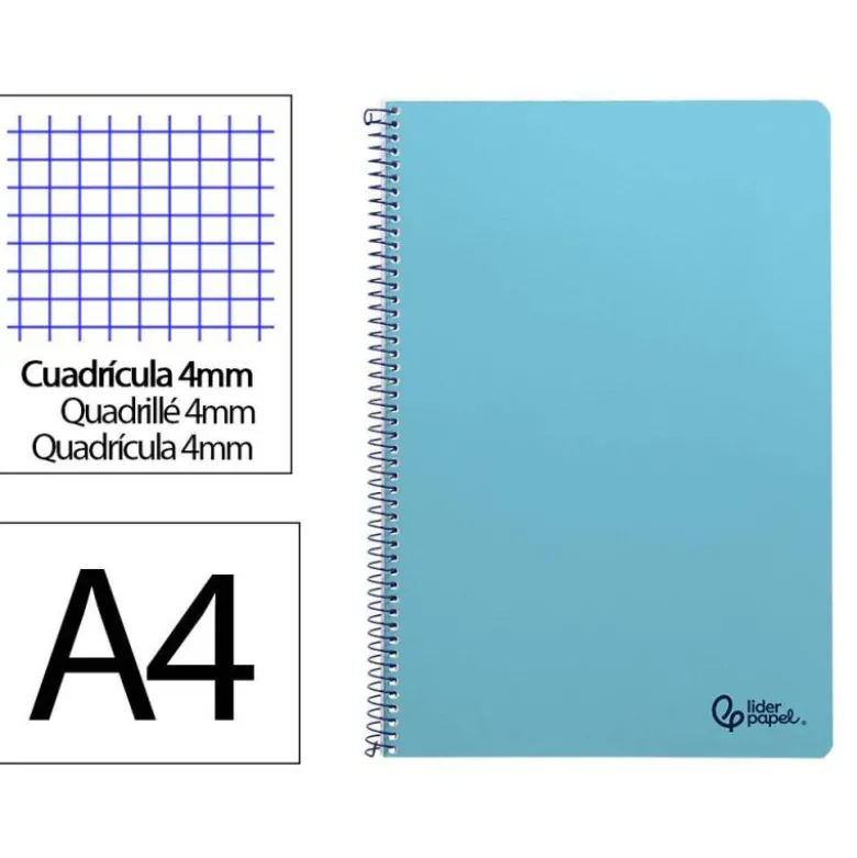CUADERNO ESPIRAL LIDERPAPEL DIN A4 SMART TAPA BLANDA 80H 75GR CUADRO 4MM CON MARGEN COLOR CELESTE