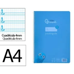 CUADERNO ESPIRAL LIDERPAPEL DIN A4 PAUTAGUIA TAPA PLASTICO80H 90GR CUADRO PAUTADO 4MM CON MARGEN COLOR AZUL
