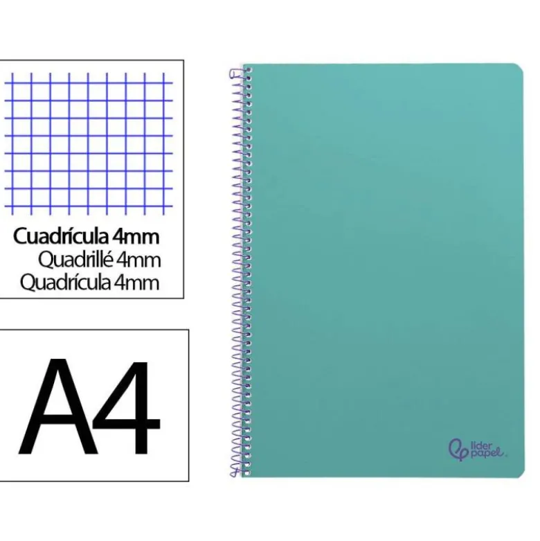 CUADERNO ESPIRAL LIDERPAPEL DIN A4 SMART TAPA BLANDA 80H 75GR CUADRO 4MM CON MARGEN COLOR TURQUESA