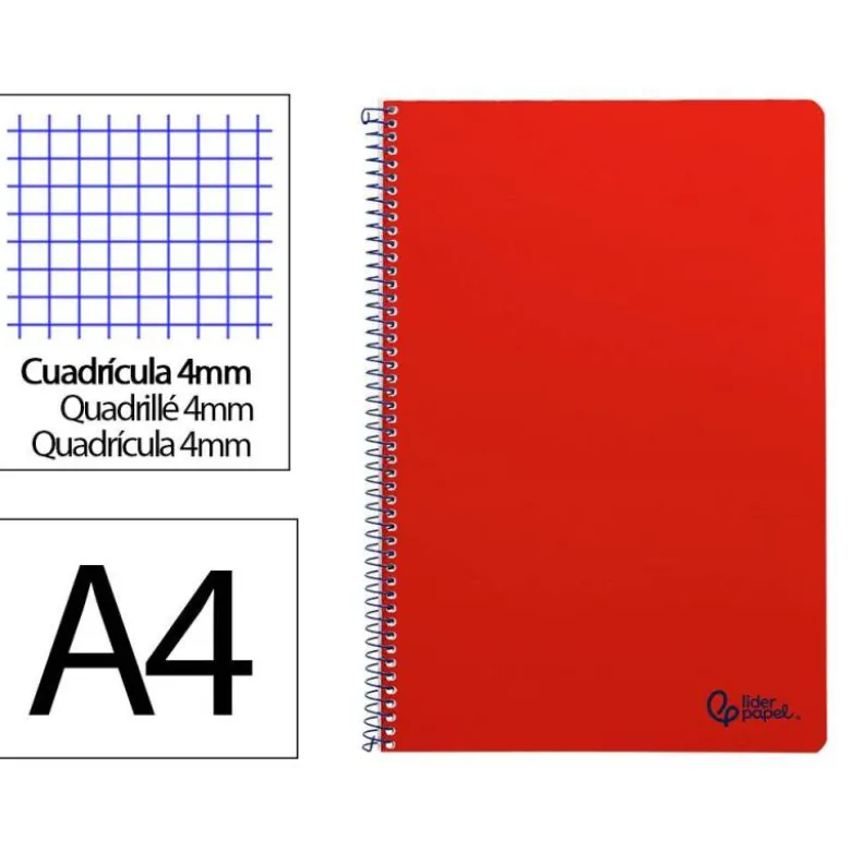 CUADERNO ESPIRAL LIDERPAPEL DIN A4 SMART TAPA BLANDA 80H 75GR CUADRO 4MM CON MARGEN COLOR ROJO