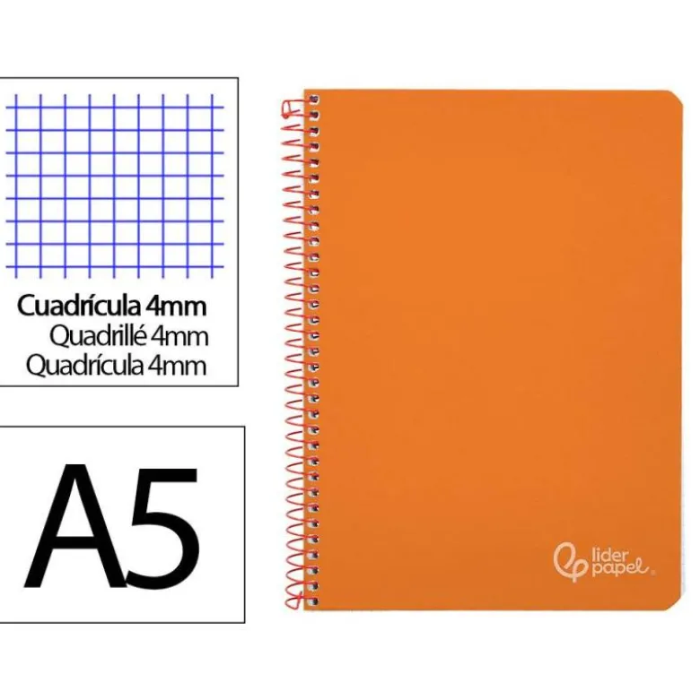 CUADERNO ESPIRAL LIDERPAPEL DIN A5 WITTY TAPA DURA 80H 90GR CUADRO 4MM CON MARGEN COLOR NARANJA