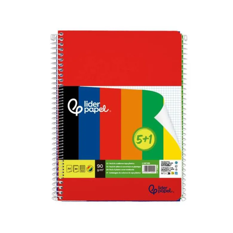 CUADERNO ESPIRAL LIDERPAPEL DIN A4 TAPA POLIPROPILENO 80H 90GR CUADRO 4MM CON MARGEN PACK 5+1 COLORES SURTIDOS