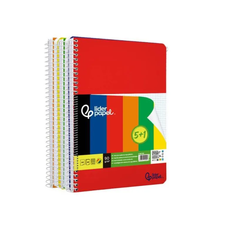 CUADERNO ESPIRAL LIDERPAPEL DIN A4 TAPA POLIPROPILENO 80H 90GR CUADRO 4MM CON MARGEN PACK 5+1 COLORES SURTIDOS
