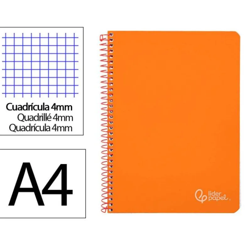 CUADERNO ESPIRAL LIDERPAPEL DIN A4 WITTY TAPA DURA 80H 90GR CUADRO 4MM CON MARGEN COLOR NARANJA