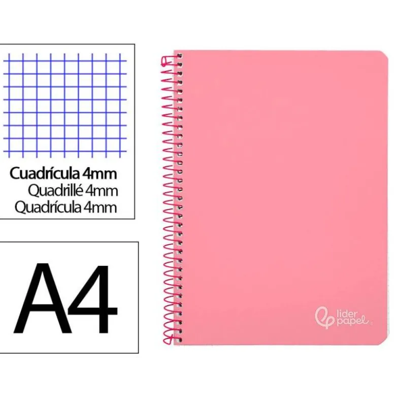 CUADERNO ESPIRAL LIDERPAPEL DIN A4 WITTY TAPA DURA 80H 90GR CUADRO 4MM CON MARGEN COLOR ROSA