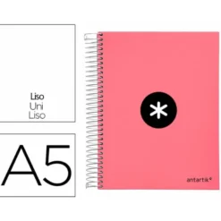 CUADERNO ESPIRAL LIDERPAPEL A5 MICRO ANTARTIK TAPA FORRADA120H 100 GR LISO 5 BANDAS 6 TALADROS COLOR CORAL
