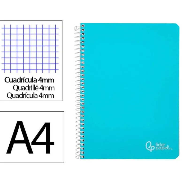 CUADERNO ESPIRAL LIDERPAPEL DIN A4 WITTY TAPA DURA 80H 90GR CUADRO 4MM CON MARGEN COLOR CELESTE