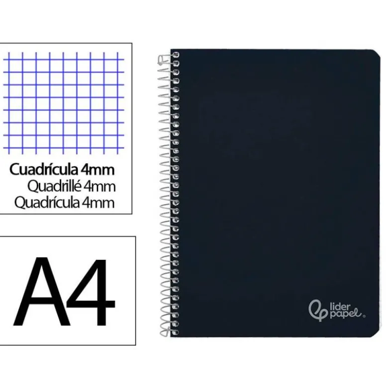 CUADERNO ESPIRAL LIDERPAPEL DIN A4 WITTY TAPA DURA 80H 90GR CUADRO 4MM CON MARGEN COLOR NEGRO