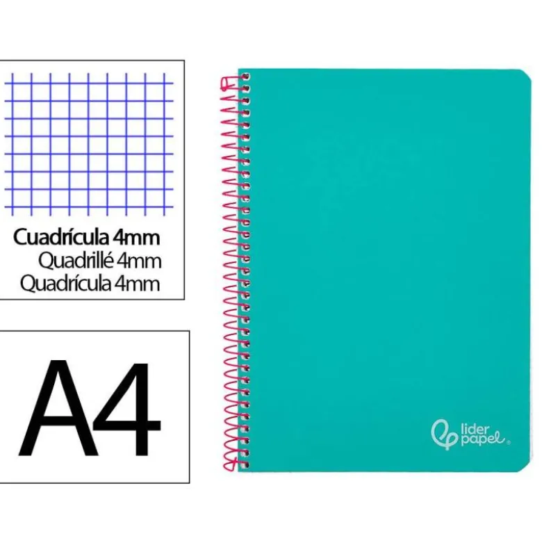 CUADERNO ESPIRAL LIDERPAPEL DIN A4 WITTY TAPA DURA 80H 90GR CUADRO 4MM CON MARGEN COLOR TURQUESA