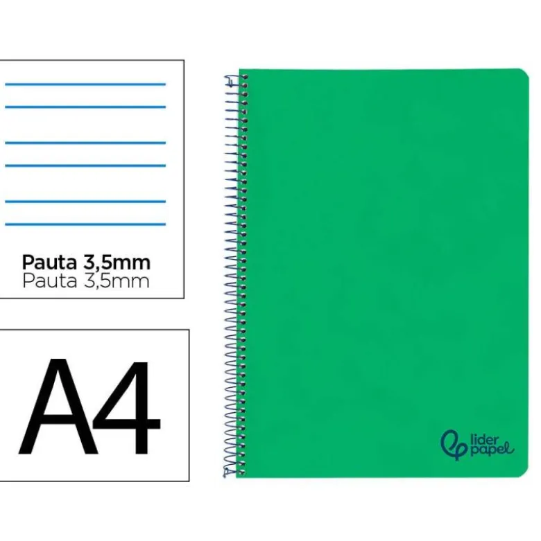 CUADERNO ESPIRAL LIDERPAPEL A4 WONDER TAPA PLASTICO 80H 90GR PAUTA ANCHA 3,5MM CON MARGEN COLOR VERDE OSCURO