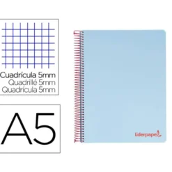 CUADERNO ESPIRAL LIDERPAPEL A5 MICRO WONDER TAPA PLASTICO 120H 90G CUADRO 5MM 5 BANDAS 6 TALADROS COLOR CELESTE