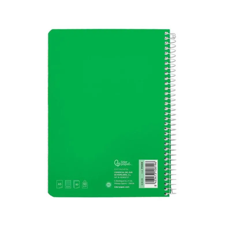 CUADERNO ESPIRAL LIDERPAPEL DIN A5 WITTY TAPA DURA 80H 90GR CUADRO 4MM CON MARGEN COLOR VERDE