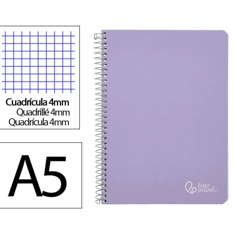 CUADERNO ESPIRAL LIDERPAPEL DIN A5 WITTY TAPA DURA 80H 90GR CUADRO 4MM CON MARGEN COLOR VIOLETA