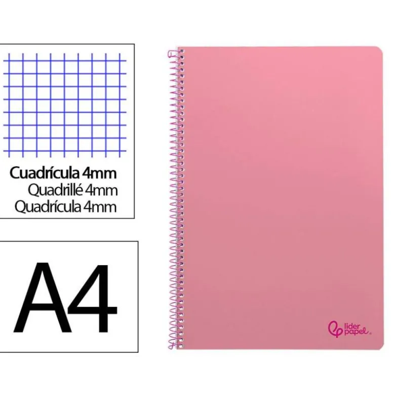 CUADERNO ESPIRAL LIDERPAPEL DIN A4 SMART TAPA BLANDA 80H 75GR CUADRO 4MM CON MARGEN COLOR ROSA