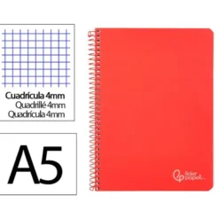 CUADERNO ESPIRAL LIDERPAPEL DIN A5 WITTY TAPA DURA 80H 90GR CUADRO 4MM CON MARGEN COLOR ROJO