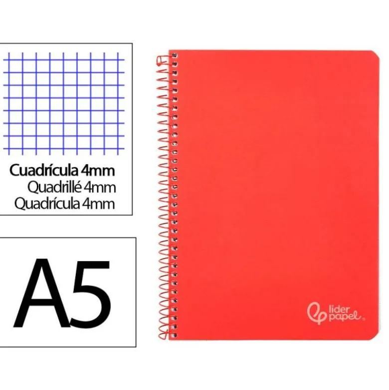 CUADERNO ESPIRAL LIDERPAPEL DIN A5 WITTY TAPA DURA 80H 90GR CUADRO 4MM CON MARGEN COLOR ROJO