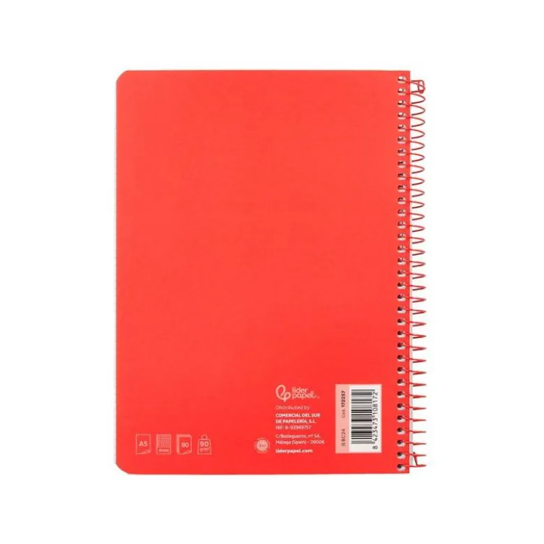 CUADERNO ESPIRAL LIDERPAPEL DIN A5 WITTY TAPA DURA 80H 90GR CUADRO 4MM CON MARGEN COLOR ROJO