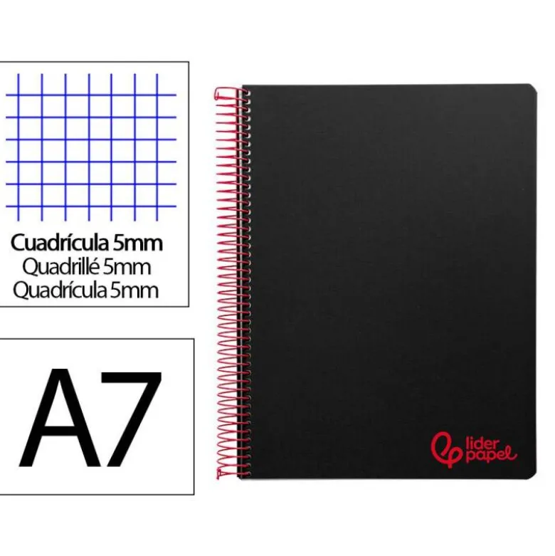 CUADERNO ESPIRAL LIDERPAPEL A7 MICRO WONDER TAPA PLASTICO 100H 90 GR CUADRO 5MM 4 BANDAS COLOR NEGRO