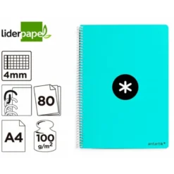 CUADERNO ESPIRAL LIDERPAPEL A4 ANTARTIK TAPA DURA 80H 100GR CUADRO 4MM CON MARGEN COLOR MENTA