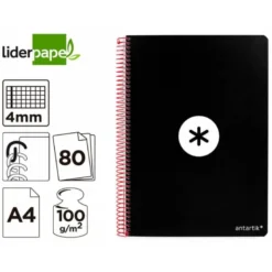 CUADERNO ESPIRAL LIDERPAPEL A4 ANTARTIK TAPA DURA 80H 100GR CUADRO 4MM CON MARGEN COLOR NEGRO