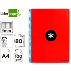 CUADERNO ESPIRAL LIDERPAPEL A4 ANTARTIK TAPA DURA 80H 100GR CUADRO 4MM CON MARGEN COLOR ROJO