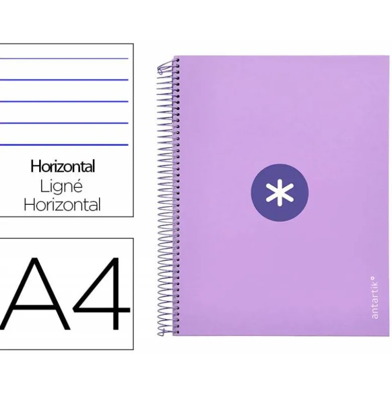 CUADERNO ESPIRAL LIDERPAPEL DIN A4 MICRO ANTARTIK RAYADO HORIZONTAL 120 H 5 BANDA 4 TALADROS COLOR LAVANDA