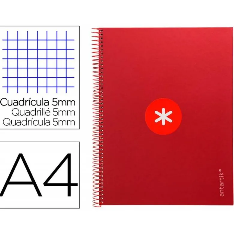 CUADERNO ESPIRAL LIDERPAPEL DIN A4 MICRO ANTARTIK CUADRICULADO 5 MM COLOR ROJO 80H