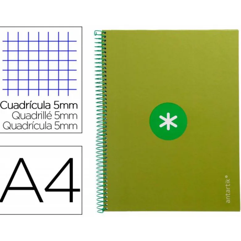 Cuaderno espiral liderpapel a4 micro antartik tapa forrada 80h 90 gr cuadro 5mm 1 banda 4 taladros verde