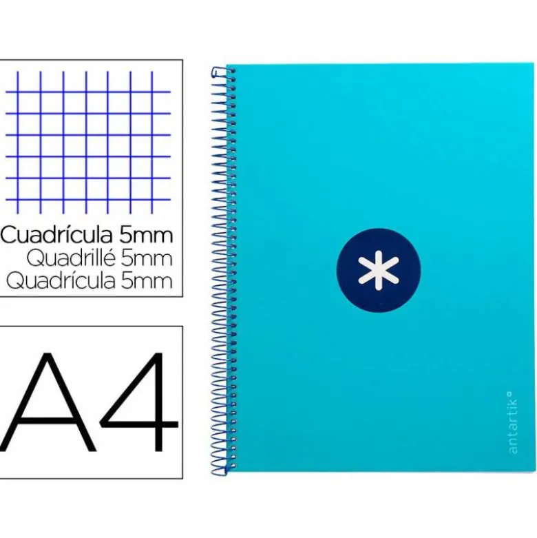 Cuaderno espiral liderpapel a4 micro antartik tapa forrada 80h 90 gr cuadro 5mm 1 banda 4 taladros turquesa