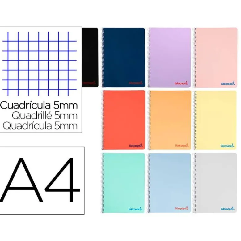 CUADERNO ESPIRAL LIDERPAPEL DIN A4 WONDER CUADRICULA 5MM COLORES SURTIDOS " NO SE PUEDEN ELEGIR"80 HOJAS