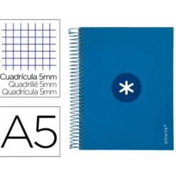 CUADERNO ESPIRAL LIDERPAPEL A5 MICRO ANTARTIK TAPA FORRADA120H 100 GR CUADRO 5MM 5 BANDA6 TALADROS COLOR AZUL OSCURO