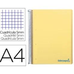 Cuaderno espiral Liderpapel Wonder Tamaño DIN A4 Tapa plastico Cuadricula 5 mm 90 g/m2 5 bandas 4 taladros color Amarillo