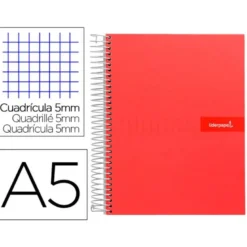 CUADERNO ESPIRAL LIDERPAPEL A5 MICRO CRAFTY TAPA FORRADA 120H 90 GR CUADRO 5MM 5 BANDAS6 TALADROS COLOR ROJO