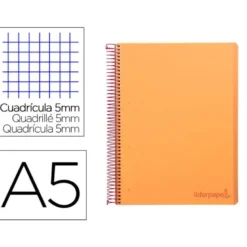CUADERNO ESPIRAL LIDERPAPEL A5 MICRO WONDER TAPA PLASTICO 120H 90G CUADRO 5MM 5 BANDAS 6 TALADROS COLOR NARANJA