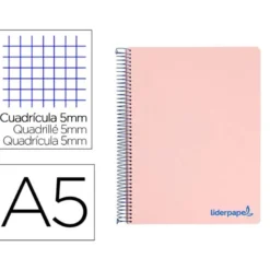 CUADERNO ESPIRAL LIDERPAPEL A5 MICRO WONDER TAPA PLASTICO 120H 90G CUADRO 5MM 5 BANDAS 6 TALADROS COLOR ROSA