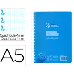 CUADERNO ESPIRAL LIDERPAPEL DIN A5 PAUTAGUIA TAPA PLASTICO 80H 90GR CUADRO PAUTADO 4MM CON MARGEN COLOR AZUL