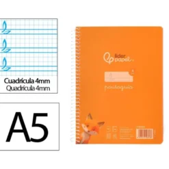 CUADERNO ESPIRAL LIDERPAPEL DIN A5 PAUTAGUIA TAPA PLASTICO 80H 90GR CUADRO PAUTADO 4MM COLOR NARANJA