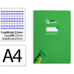 CUADERNO ESPIRAL LIDERPAPEL DIN A4 PAUTAGUIA TAPA DURA 80H 90 GR CUADRO PAUTADO 2,5MM COLOR VERDE